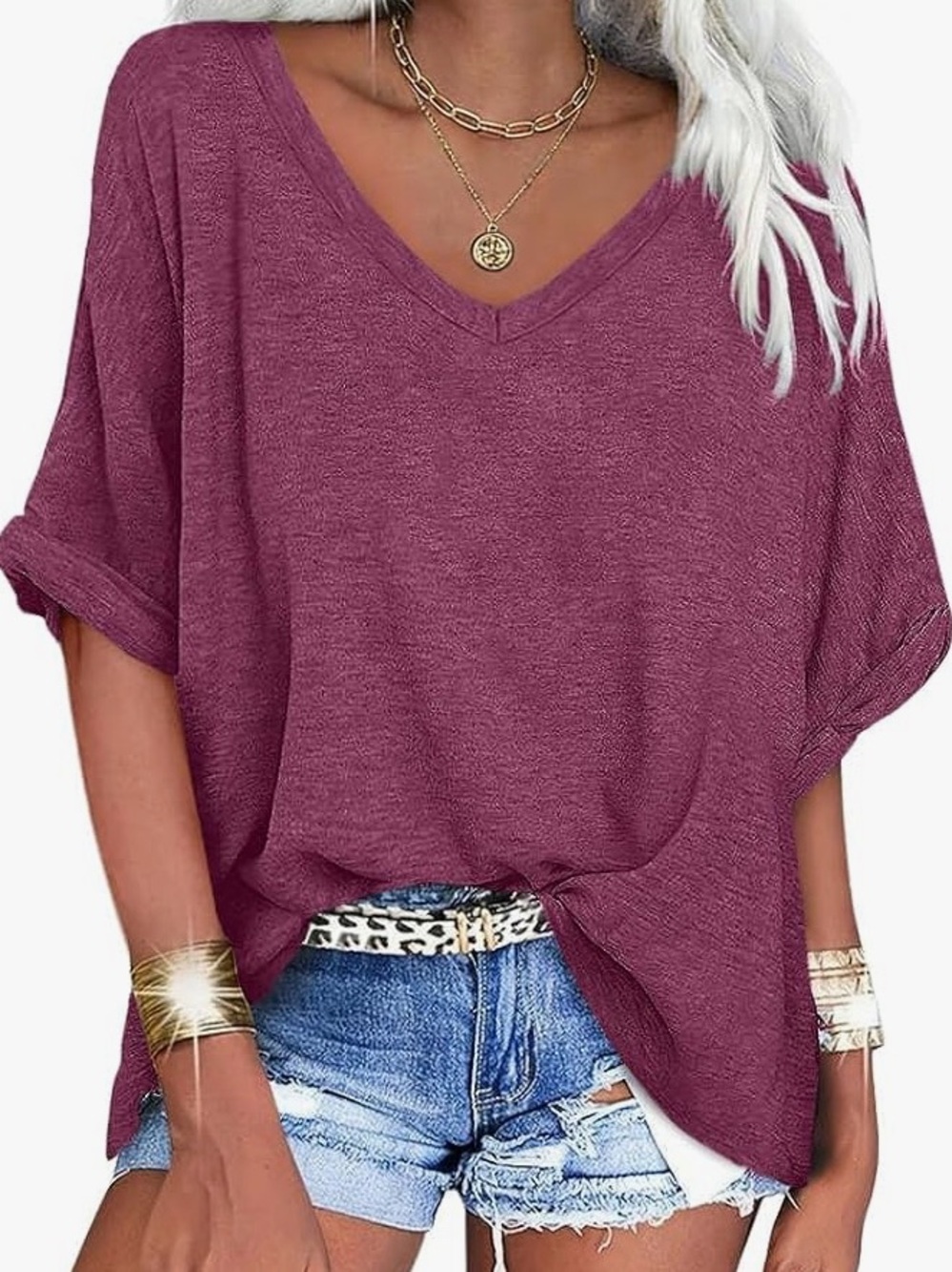 V-Neck Dolman Sleeve Top in Plum - Women's Casual Tee